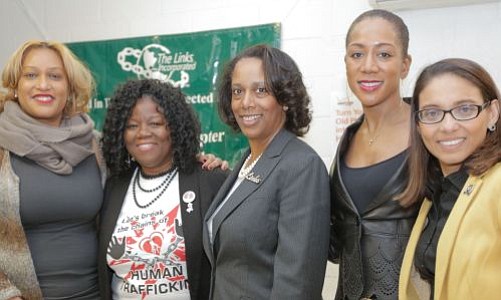 Angela M. Brown, Chair, Women's Issues for The South Jersey (NJ) Chapter of The Links Incorporated; Denise R. Poole, Founder of Heart 2 Heart Services; Karen Greene, Chapter President for The South Jersey (NJ) Chapter of The Links Incorporated; Shonda McClain, Columnist for South Jersey Journal and event's MC; and Gabriela M. Mosquera (D) New Jersey Assemblywoman. -- -- Photo by April A. Ward