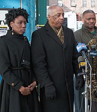 Joy Simmons, Vinson Verdee, Charles Barron and Inez Barron holding a press conference