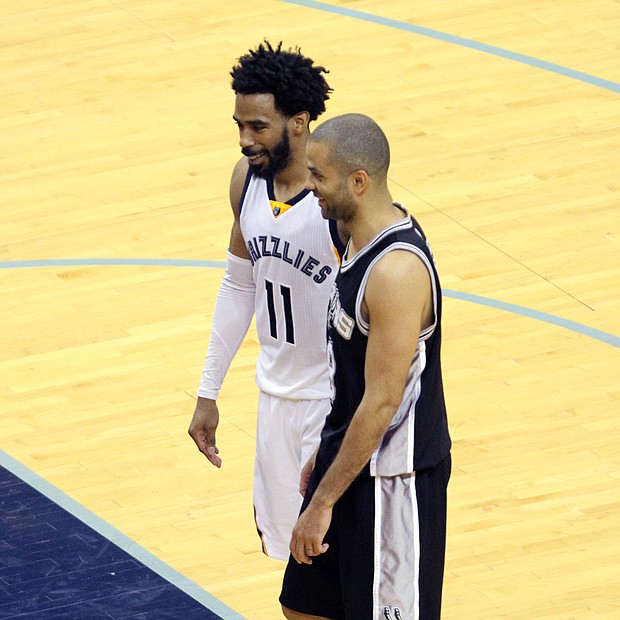 Frenemies: Despite their many regular-season and playoff battles, Mike Conley and Tony Parker can still share a smile during their March 18 matchup at FedExForum. The Grizzlies beat the Spurs 104-96.