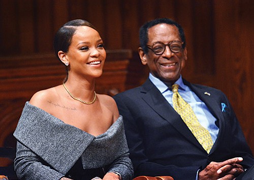 International pop star Rihanna (given name, Robyn Fenty) received the 2017 Harvard Humanitarian of the Year Award from Dr. S. Allen Counter, director of the Harvard Foundation, in a ceremony held at Sanders Theater in Cambridge. Rihanna received the award for her philanthropic work in the Caribbean and Africa. At age 18, she founded the Believe Foundation and has launched the Clara Lionel Foundation and formed a partnership with the Global Partnership for Education.