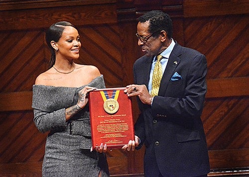 International pop star Rihanna (given name, Robyn Fenty) received the 2017 Harvard Humanitarian of the Year Award from Dr. S. Allen Counter, director of the Harvard Foundation, in a ceremony held at Sanders Theater in Cambridge. Rihanna received the award for her philanthropic work in the Caribbean and Africa. At age 18, she founded the Believe Foundation and has launched the Clara Lionel Foundation and formed a partnership with the Global Partnership for Education.