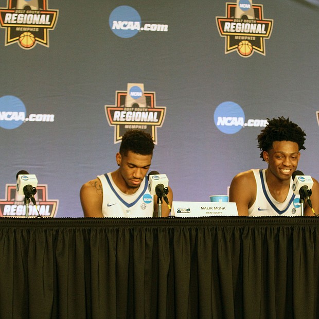 Malik Monk and De'Aaron Fox of Kentucky talking to media at the press conference after the game.