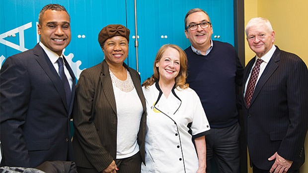 Dennis Benzan, co-owner of La Fabrica and former Vice-Mayor and City Councilor of the City of Cambridge; Denise Simmons, current President of City of Cambridge; La Fabrica Executive Chef Ciovanna Huyke; David P. Maher, current City Councilor for the City of Cambridge; and Timothy J. Toomey, Jr. current City Councilor of the City of Cambridge.