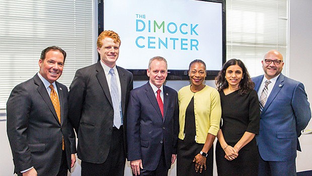 The Dimock Center held its fourth annual Breakfast of Champions on April 3, welcoming legislative leaders to discuss the changing landscape of health care in the Commonwealth. (l–r): Bob Rivers, chairman and CEO of Eastern Bank and Dimock Foundation board vice-chair; Congressman Joseph Kennedy III, keynote speaker; Representative Jeffrey Roy; Dr. Myechia Minter-Jordan, president and CEO of the Dimock Center; Monica Bharel, Massachusetts Department of Public Health Commissioner; and Representative Jeffrey Sanchez, event host and recipient of the Dimock Champion Award.