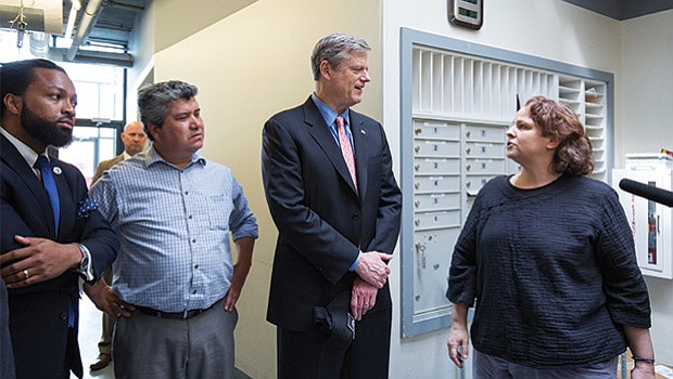 Governor Charlie Baker, here with Dudley St. Neighborhood Initiative Executive Director Juan Leyton and CommonWealth Kitchen Executive Director Jen Faigel, toured the Dorchester food business incubator and commercial kitchen that provides shared commissary space and manufacturing capacity to entrepreneurs with food-based ventures. CommonWealth kitchen hosts over 55 businesses, employing over 200 workers. Since 2015, the Baker-Polito Administration has supported CommonWealth Kitchen’s growth by providing the nonprofit organization with over $300,000 in capital equipment grants from the Executive Office of Energy and Environmental Affairs. CommonWealth Kitchen and the Dudley Street Neighborhood Initiative are also core partners in a $200,000 project, funded through the administration’s Urban Agenda Economic Development grant program, to facilitate the launch of small local food manufacturing businesses.