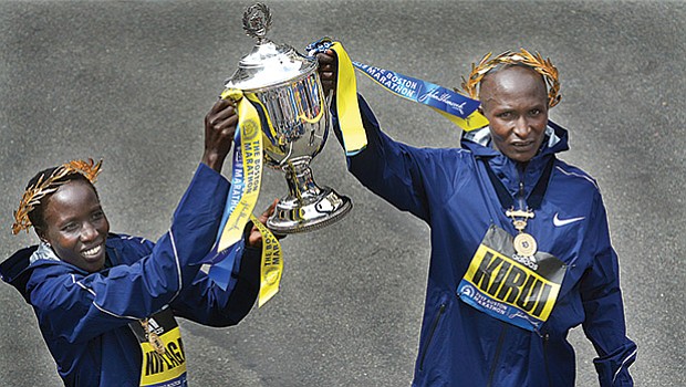 It was a double victory for Kenya in Monday’s 121st running of the Boston Marathon. Edna Kiplagat (left) finished the women’s division in 2:21:52 and Geoffrey Kirui finished the men’s division in 2:09:37.