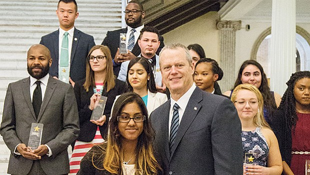 Public college and university students chosen as this year’s “29 Who Shine” honorees for their civic leadership and academic achievements were celebrated at the State House by Governor Charlie Baker, Education Secretary James Peyser, Higher Education Commissioner Carlos Santiago and University of Massachusetts President Marty Meehan.