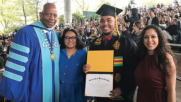 UMass Boston Chancellor Keith Motley attended the graduation ceremony at UMass Dartmouth to bestow a bachelor’s degree in political science to his mentee Bruce C. Bolling Jr. His mother Joyce Ferriabough Bolling and friend Amanda Ruiz beam with pride.