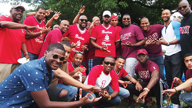 Members of the Kappa Alpha Psi fraternity gather at the 20th annual Roxbury Homecoming, held in Franklin Park.
