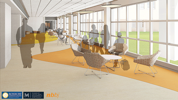 A rendering of the first floor hallway in front of the new Student Commons, completed with new flooring, seating, and tables.