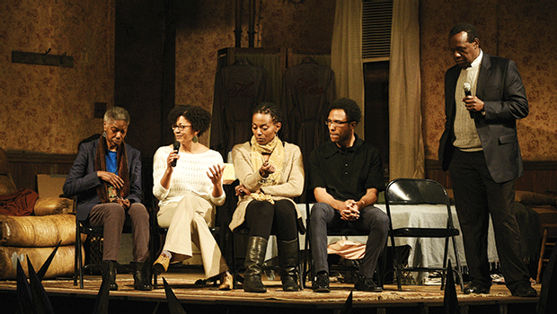 The panel discussion following “Topdog/Underdog.” From left to right: Robbie McCauley, Ashleigh Gordon, Kimberly McLarin, Daniel Callahan, and Marshall Hughes. The Huntington Theatre hosted this RCC event. We look forward to these incredible events returning to campus when renovations are complete.