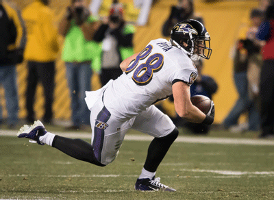 Former Baltimore Ravens tight end Dennis Pitta led the team with 86 receptions. Pitta's outstanding season came after he overcame ... Former Baltimore Ravens tight end Dennis Pitta led the team with 86 receptions. Pitta's outstanding season came after he overcame ...