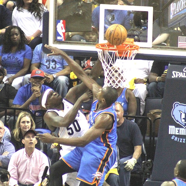 Serge Ibaka tries to stop Randolph at the rim during one of the many games between the Grizzlies and their Western Conference rivals, the Oklahoma City Thunder. He tried.
