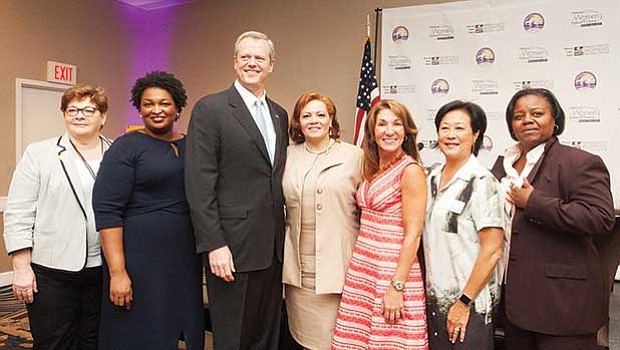 Gov. Charlie Baker and Lt. Governor Polito were special guest speakers at the National Women’s Political Caucuses Gubernatorial Brunch Panel. (left-right) Donna Lent, Stacey Abrams, Governor Baker, Gail Jackson-Blount, Lt. Governor Polito, Janet Wu, Marie St. Fleur.