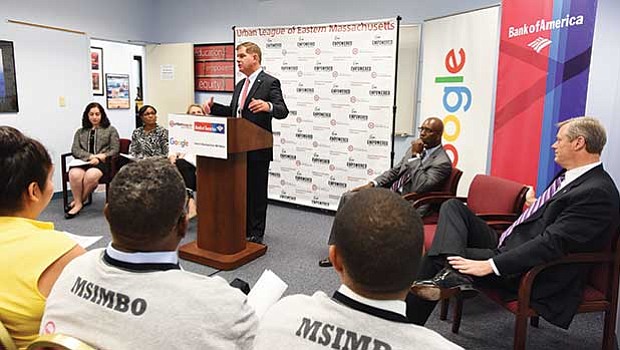 Mayor Martin Walsh and representatives from Google, BNY Mellon and Bank of America announced a major technological investment in the Urban League of Eastern Massachusetts’ MSIMBO programming class for Boston-area adults.