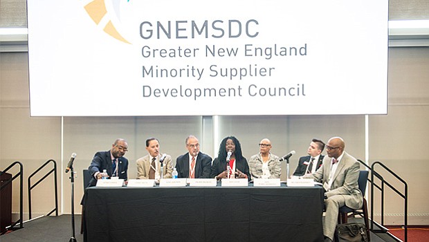 The panel on Best Practices and Success Stories featured (left to right): Kenn Turner of Massport; Larry Smith
of the Taylor Smith Group, LLC; Tony Dolphin, Westnet,Inc.; Ingrid Beckles, Partners HealthCare; Jere Eaton, PrintabiliTees; Raul Suarez-Rodriquez, CVS Health and; Dr. Fred McKinney, Tuck Executive Education at Dartmouth.