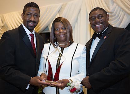 President of Kappa Community Development Corporation, Erik J. Burrell with award recipient and Educational Leader, Therapist and Motivational Speaker, Dr. Nataki Chestnut and Burlington-Camden (NJ) Alumni Chapter of Kappa Alpha Psi Fraternity, Inc., Polemarch, Richard Horton, III.