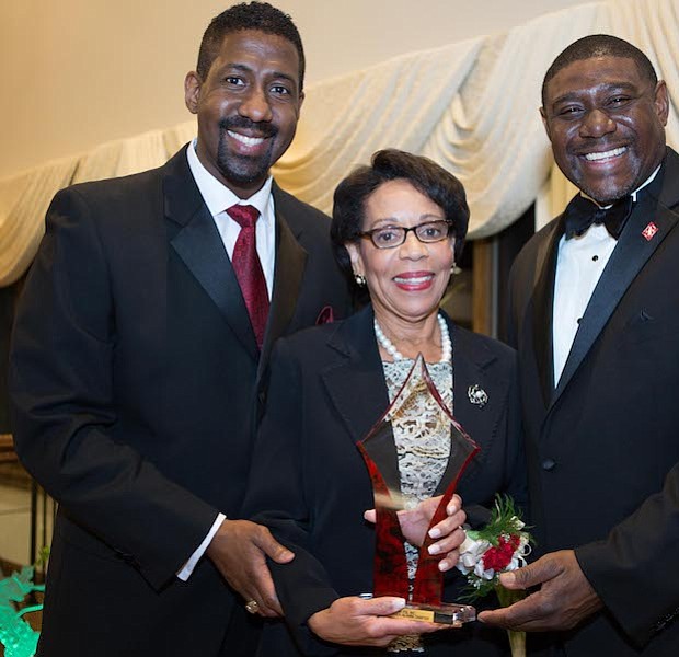 President of Kappa Community Development Corporation, Erik J. Burrell with award recipient and Executive Vice President and Provost, Temple University, Jo Anne Epps and Burlington-Camden (NJ) Alumni Chapter of Kappa Alpha Psi Fraternity, Inc., Polemarch, Richard Horton, III.