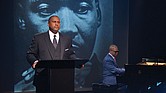 PBS broadcaster and author Tavis Smiley, left, and renowned jazz pianist Marcus Roberts rehearse for the multimedia stage production, “Death of a King: A Live Theatrical Experience,” that will be in Richmond on March 22. 
