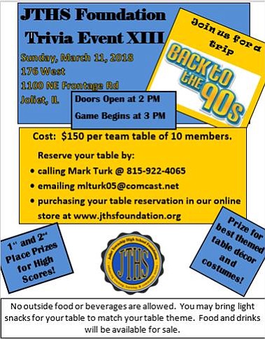 The Joliet Township High School Foundation will host its 13th annual Trivia Event on Sunday, March 11, 2018 at 176 ... The Joliet Township High School Foundation will host its 13th annual Trivia Event on Sunday, March 11, 2018 at 176 ...