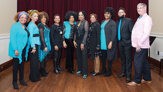 Members of Sweet Honey in the Rock pose for a pre-concert photo with Dr. Roberson, Vice President Lorita Williams, and Vice President Kevin Hepner, before taking the stage.