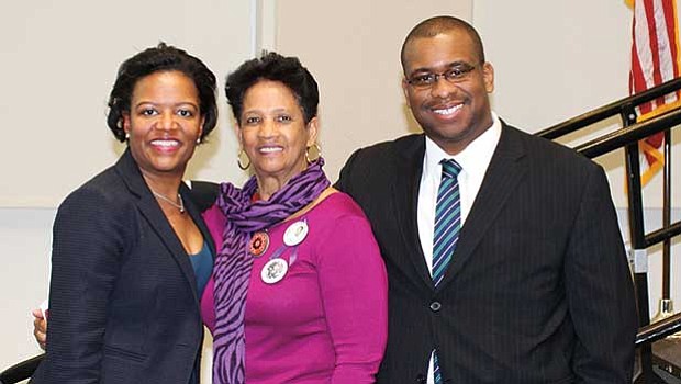 Enjoying a moment at the March 29 UMass Boston Community Breakfast are (l-r) Suffolk Construction Northeast Region Vice President for Diversity, Inclusion and Community Relations Linda Dorcena Forry, Isaura Mendes, founder of the Bobby Mendes Peace Legacy, and Corey Allen, Suffolk trade partner diversity & community outreach officer.