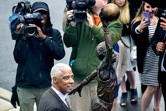The Philadelphia 76ers are paying tribute to Hall of Famer Julius Erving with a sculpture depicting him soaring. The Philadelphia 76ers are paying tribute to Hall of Famer Julius Erving with a sculpture depicting him soaring.