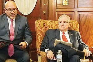 House Ways and Means Chairman Jeffrey Sanchez and House Speaker Robert DeLeo brief reporters on the fiscal year 2019 budget.
