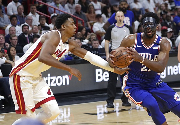 Joel Embiid had trouble with his new mask. Joel Embiid had trouble with his new mask.