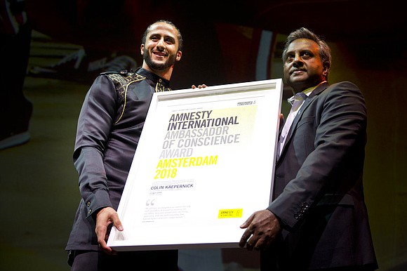 Amnesty International gave former NFL quarterback Colin Kaepernick its Ambassador of Conscience Award on Saturday for his kneeling protest of ... Amnesty International gave former NFL quarterback Colin Kaepernick its Ambassador of Conscience Award on Saturday for his kneeling protest of ...