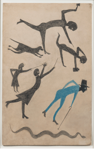 Bill Traylor, Untitled (Event with Man in Blue and Snake), 1939, colored pencil and pencil on cardboard. Collection of Penny and Allan Katz © 1994, Bill Traylor Family Trust.
Photography by Gavin Ashworth