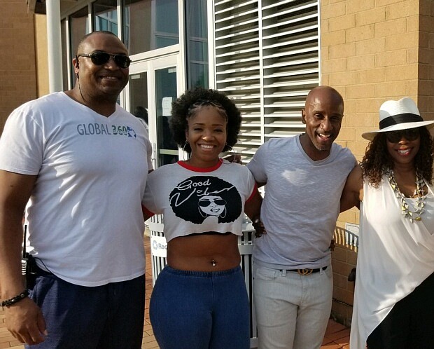 Concert goers poses for a photo with Mayor Shelia Chalmers-Currin (middle), Percy Scott President Global 360 Marketing, Juanita Williams, Comedian Damon Williams, Vocalist Sandy Redd and George Daniels owner George's Beverage Depot. (Photo by Steve Hurley)
