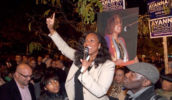 At-large City Councilor Ayanna Pressley greets supporters gathered on Dorchester Avenue. Pressley topped the ticket in Tuesday's balloting... At-large City Councilor Ayanna Pressley greets supporters gathered on Dorchester Avenue. Pressley topped the ticket in Tuesday's balloting...
