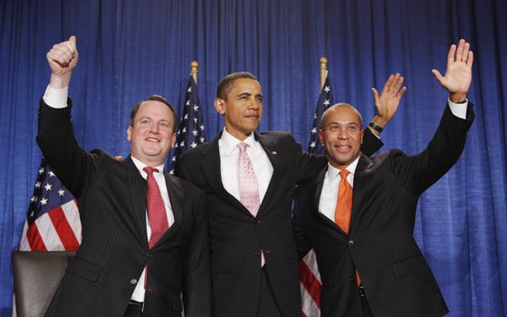 In this Oct. 23, 2009 photo, President Barack Obama, flanked by Massachusetts Lt. Gov. Tim Murray, left, and Gov.... In this Oct. 23, 2009 photo, President Barack Obama, flanked by Massachusetts Lt. Gov. Tim Murray, left, and Gov....