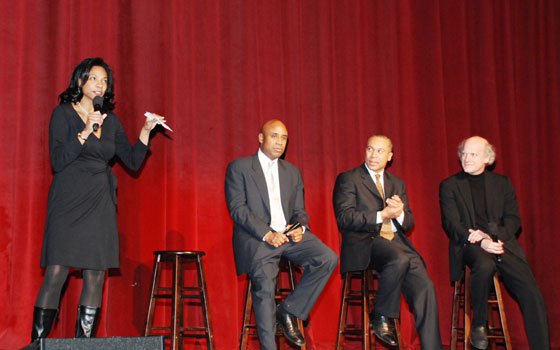 Bay State Banner arts writer Robin Hamilton (left) moderates a question-and-answer period featuring Gov. Deval Patrick (third from... Bay State Banner arts writer Robin Hamilton (left) moderates a question-and-answer period featuring Gov. Deval Patrick (third from...