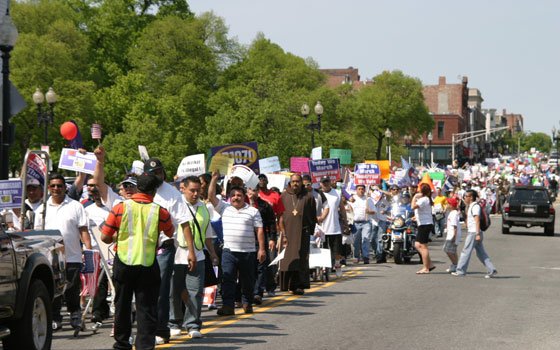 A crowd estimated at more than 5,000 immigrant activists and advocates marched from Everett through Chelsea and ended in... A crowd estimated at more than 5,000 immigrant activists and advocates marched from Everett through Chelsea and ended in...