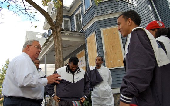 Boston Mayor Thomas M. Menino talks with young men from the “Mayor’s Clean Team,” hired to help maintain city-owned... Boston Mayor Thomas M. Menino talks with young men from the “Mayor’s Clean Team,” hired to help maintain city-owned...