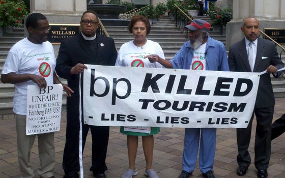 In a protest against BP’s handling of its $20 billion compensation fund, activist and comedian Dick Gregory and Art... In a protest against BP’s handling of its $20 billion compensation fund, activist and comedian Dick Gregory and Art...