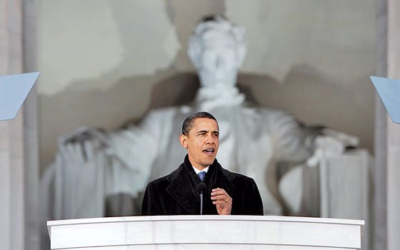 In this Jan. 18, 2009 photo, President-elect Barack Obama speaks at the Lincoln Memorial during an inaugural concert... In this Jan. 18, 2009 photo, President-elect Barack Obama speaks at the Lincoln Memorial during an inaugural concert...
