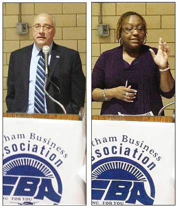 Metra’s Donald A. Orseno, Interim Chief Executive Officer (left) and Janice R. Thomas, Director, U.S. Office of Business Diversity & Civil Rights Technology (right) spoke at the Chatham Business Association’s  general membership meeting yesterday.  