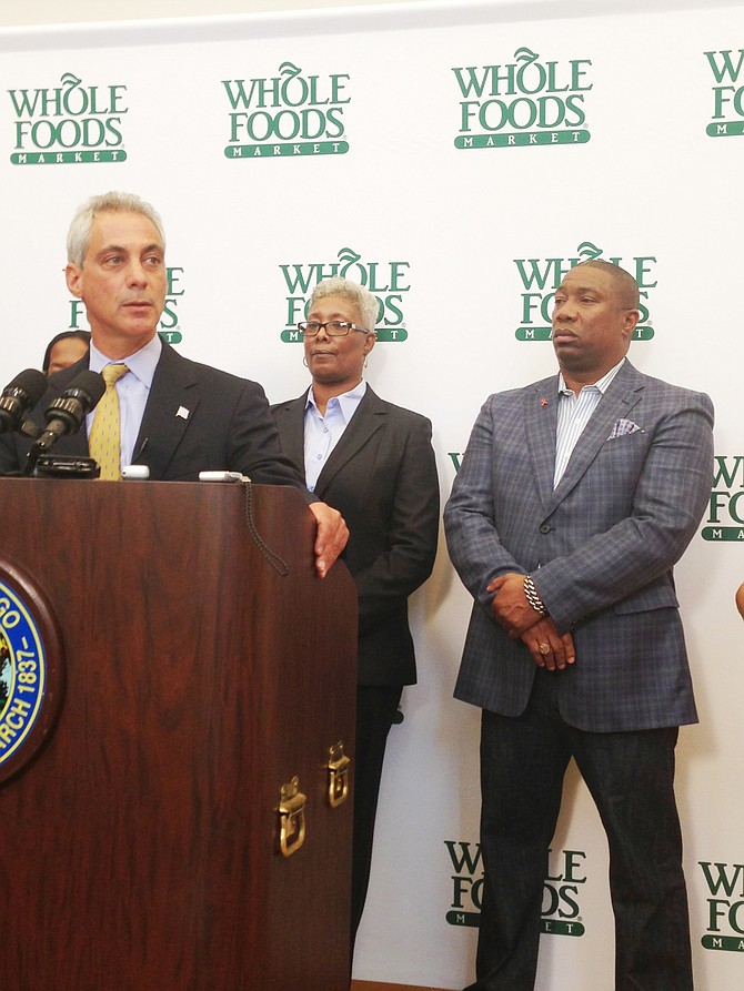 (L-R) Chicago Mayor Rahm Emanuel, Chicago 16th Ward Alderman, JoAnn Thompson and  Bishop James Dukes of Liberation Christian Center were among those who spoke at Kennedy King College about the announcement of Whole Foods Market coming to the Englewood neighborhood at 63rd and Halsted.  