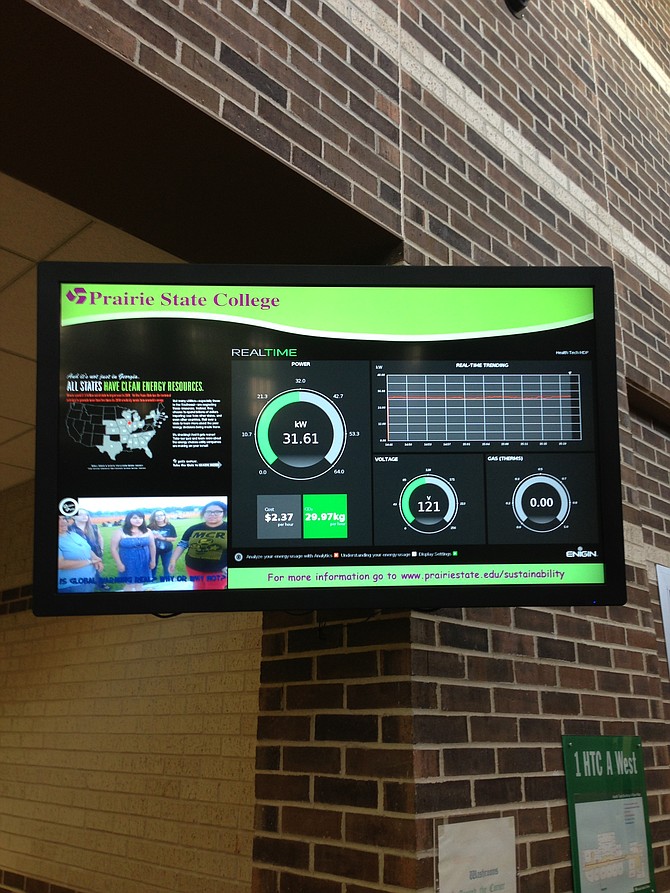On Prairie State College's campus, there resides a new monitor that allows for anyone to see real time information about how much energy is being used around the campus. 
