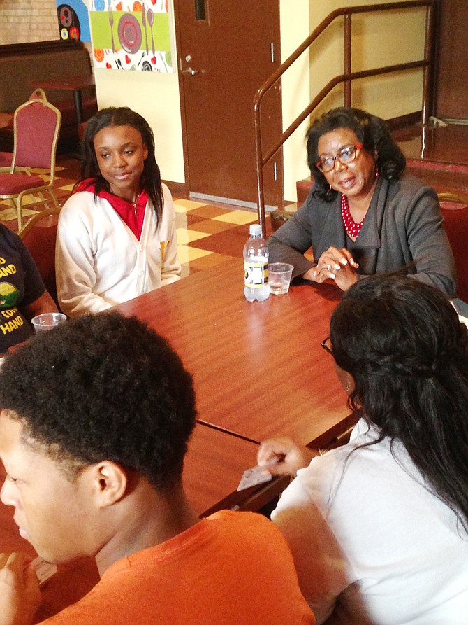 Dorothy Brown answers questions from students at Chicago Vocational Career Academy (CVCA) High School as she participated in the 4th Annual Back to School with the History Makers program. 