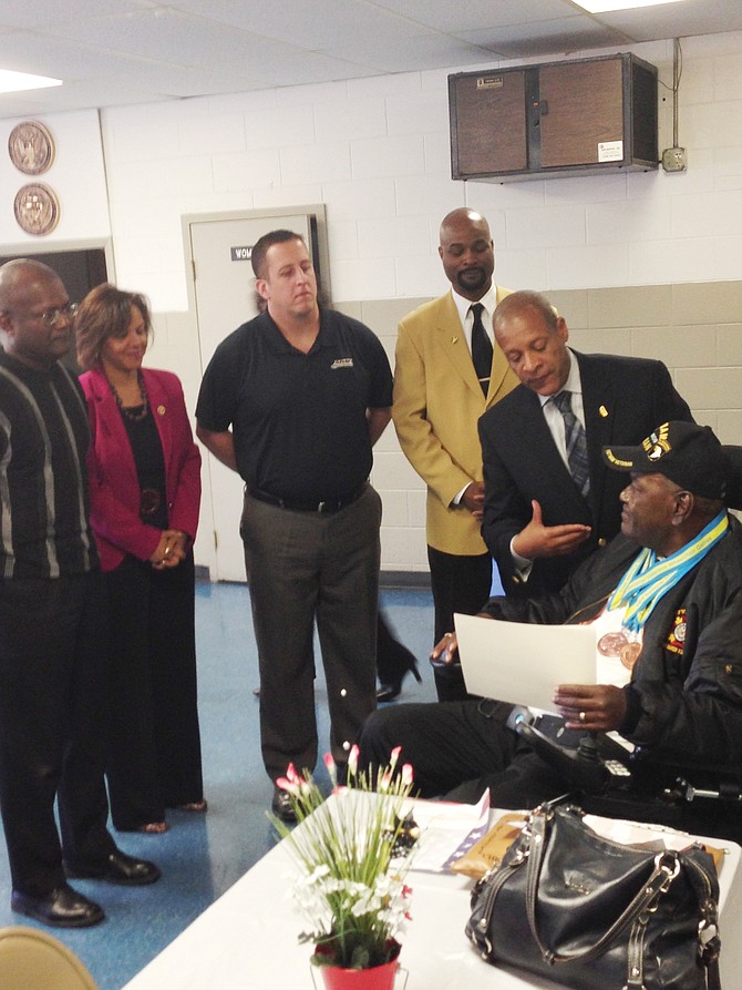 (L-R):  At the American Legion Hall in Hazel Crest, IL, Ill. State Rep. Al Riley, U.S. Congresswoman Robin Kelly, Ill. State Sen. Mike Hastings, Michael Jennings, Hazel Crest Village President Vernard Alsberry Jr., honored military veterans in recognition of Veteran's Day including Leo Moore.  