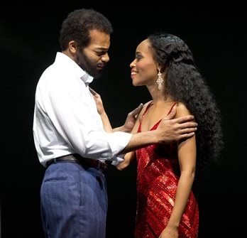 Brandon Victor Dixon as Berry Gordy, left, and Valisia LeKae as Diana Ross in "Motown: The Musical," performing at the Lunt-Fontanne Theatre in New York. LeKae was diagnosed with ovarian cancer in late 2013, went through surgery and this week endured her first of six planned chemotherapy rounds. (AP Photo/Boneau/Bryan-Brown, Joan Marcus, file)