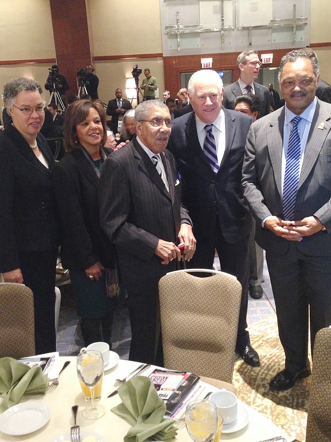 (L-R): Cook County President Toni Preckwinkle, U.S. Congresswoman Robin Kelly (IL - 2nd), Rev. Clay Evans, Pastor Emeritus, Fellowship M.B. Church, Illinois Governor Pat Quinn and Rev. Jesse L. Jackson, Sr. were all smiles at the 24th Annual Rev. Dr. Martin Luther King, Jr. Scholarship Breakfast at the Hyatt Regency Chicago on Jan. 18.
