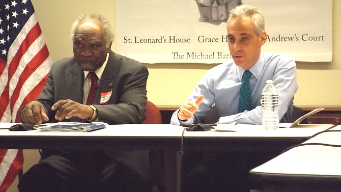 L-R: U.S. Cong. Danny K. Davis (D-7th Dist.) and Chicago Mayor Rahm Emanuel take part in a round table discussion at St. Leonard's Ministries on Chicago’s west side last Friday with 27th Ward Ald. Walter Burnett and Illinois State Sen., Patricia Vanpelt (D-5th Dist.) prior to announcing a pilot family reunification program that will allow 50 formerly incarcerated individuals to move back into CHA housing over the next three years.