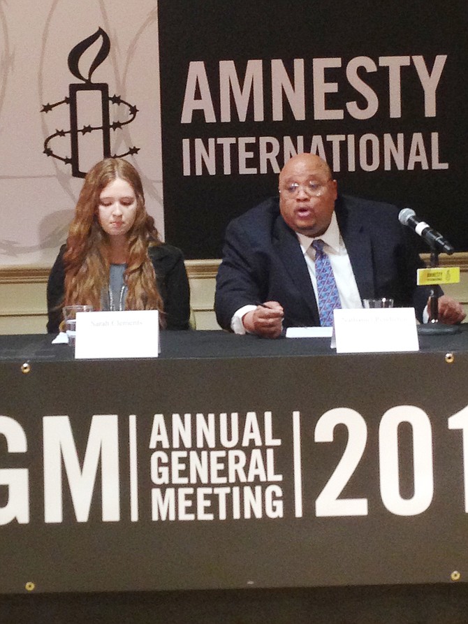 (L-R): Sarah Clements, Jr. Newtown Action Alliance chairwoman and Nathaniel Pendleton, father of slain Chicago teen Hadiya Pendleton who was shot and killed in a Chicago park, both spoke about how gun violence affected their lives and led them into advocacy against it at the  Amnesty International USA Human Rights Conference last week. 