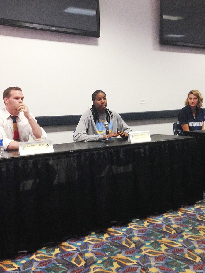 AthleteAlly founder and CEO, Hudson Taylor; Chicago Sky forward Jessica Breland, and former Stanford guard Toni Kokenis speak during a panel discussion about LGBT athletes in the United States.