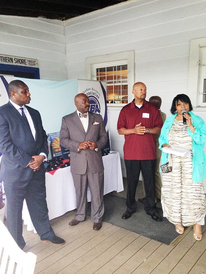 Melvin Brooks, President, The President's Lounge night club; Dwayne A. Smith, Manager of Life Savers Portable Toilets; Marino Orlandi, President, Chatham Business Assocation and Melinda Kelly, Executive Director, Chatham Business Assocation joined to honor Chatham Business Association members during the organization’s Mix 'N Mingle last week at  the the Southern Shore Yacht Club, 6401 S. Richard Dr.